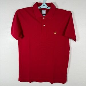 Brooks Brothers Polo Shirt Mens Medium Red Slim Fit Performance Knit Gold Logo